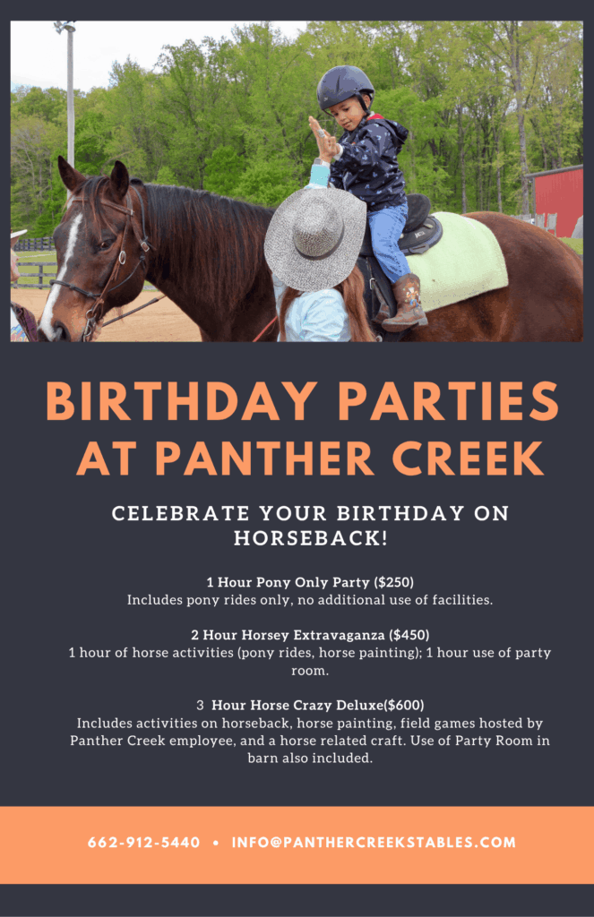 Child on horse for pony ride during a Panther Creek Stables birthday party event. Pricing, information and availability is offered on the flyer image.