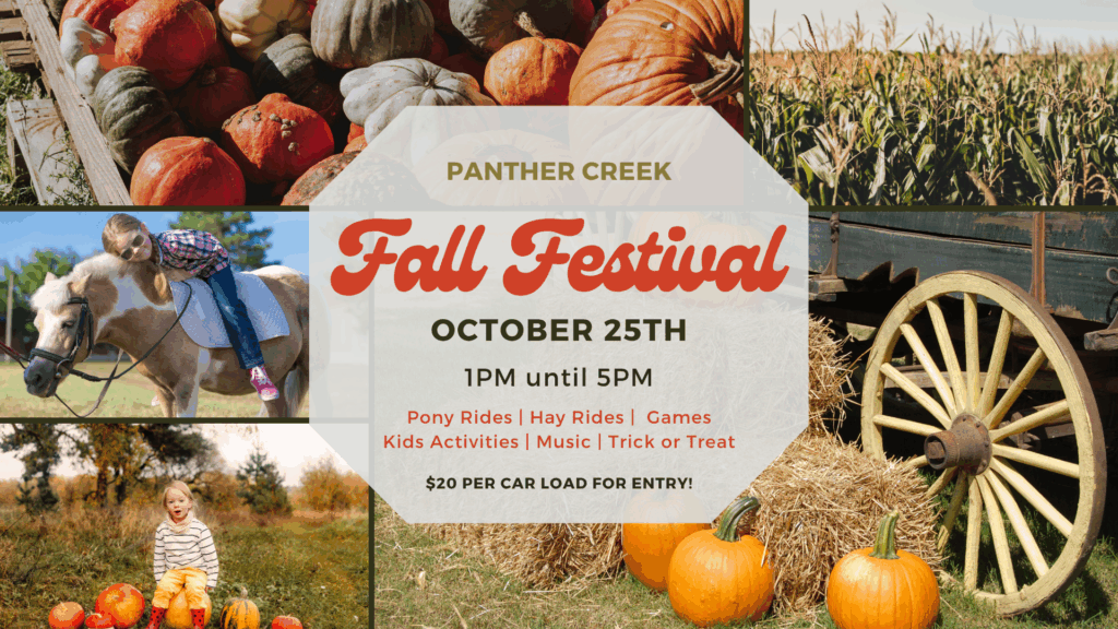 Flyer for fall festival describing pony rides, hay rides, games, kids activities, music, and trick or treat at Panther Creek Stables