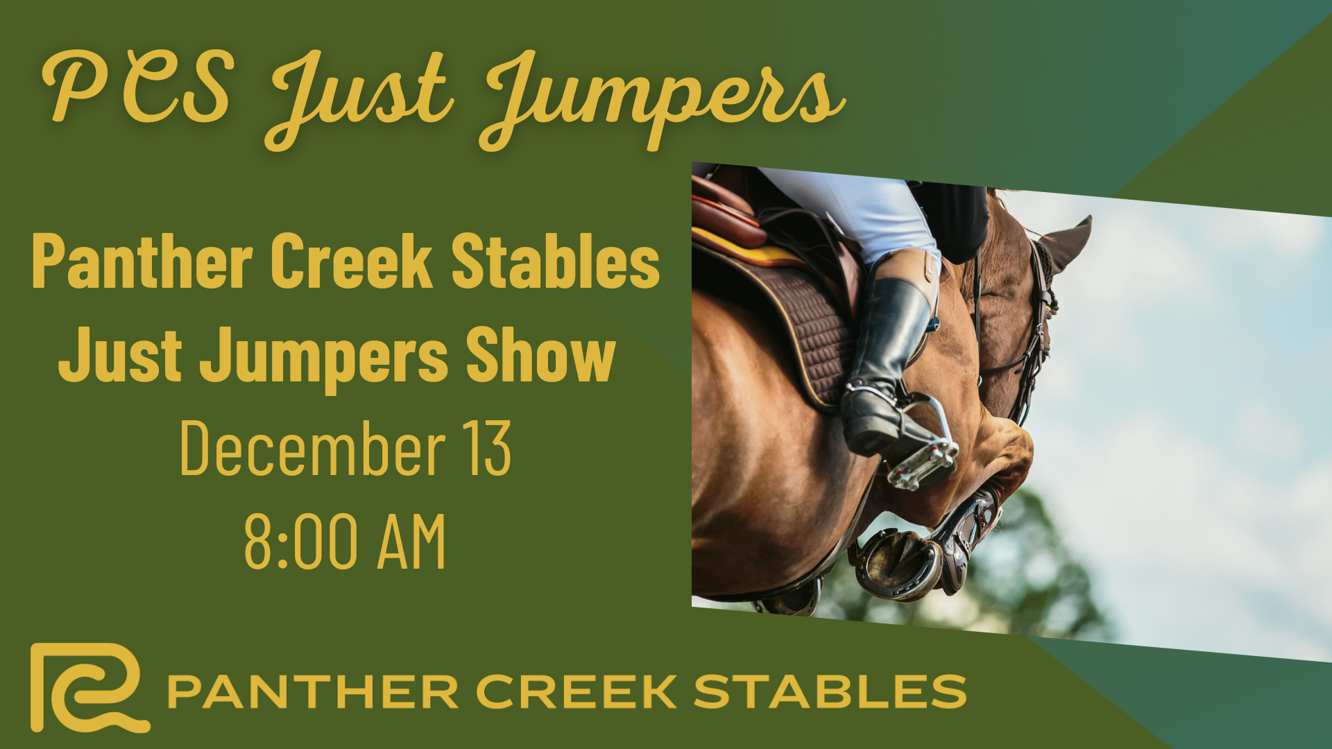 Flyer for a Just Jumpers show on December 13, 2025 at Panther Creek Stables in Nesbit, MS.